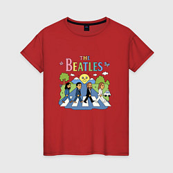 Футболка хлопковая женская The Beatles мультяшный стиль, цвет: красный