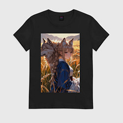 Футболка хлопковая женская Девушка-волчица посреди поля пшеницы, цвет: черный