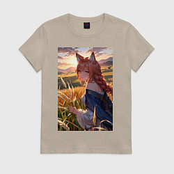 Футболка хлопковая женская Девушка-волчица посреди поля пшеницы, цвет: миндальный