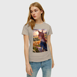 Футболка хлопковая женская Девушка-волчица посреди поля пшеницы, цвет: миндальный — фото 2