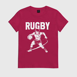 Футболка хлопковая женская Регби мощный прыжок с мячом, цвет: маджента