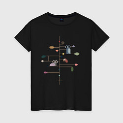 Футболка хлопковая женская Falling leaves, sitting owls, цвет: черный