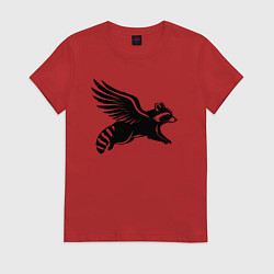 Футболка хлопковая женская Летящий енот с крыльями, цвет: красный