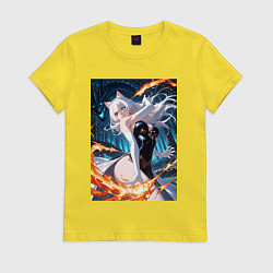 Футболка хлопковая женская Кошка-маг сражение с драконом, цвет: желтый