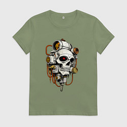 Футболка хлопковая женская Футуристичный кибернетический череп, цвет: авокадо