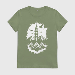 Футболка хлопковая женская Башня с орлами в горах, цвет: авокадо