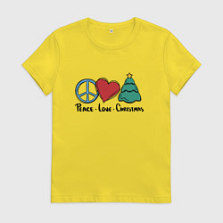 Футболка хлопковая женская Мир, любовь, Рождество, цвет: желтый