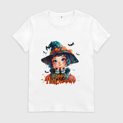 Футболка хлопковая женская Счастливого Хэллоуина - ведьмочка, цвет: белый