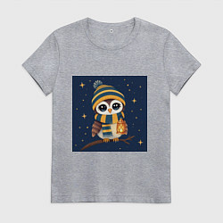 Женская футболка Сова в шапке и шарфе с фонарём