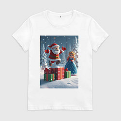 Женская футболка Дед Морозио и Принцесса Снегурочка: c подарками в