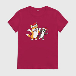 Женская футболка Друзья корги и кот в новогоднем настроении