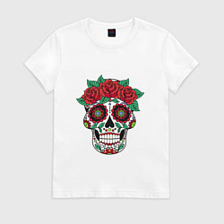 Футболка хлопковая женская Расписной женский череп, цвет: белый
