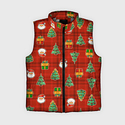 Женский жилет Елочки и Санта - паттерн красная клетка, цвет: 3D-светло-серый