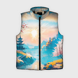 Женский жилет Японский город вдали и цветущая Сакура у реки