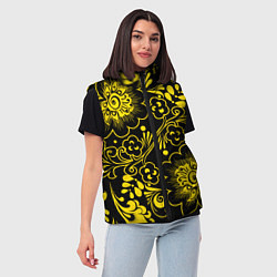 Женский жилет Хохломская роспись золотые цветы на чёроном фоне, цвет: 3D-светло-серый — фото 2