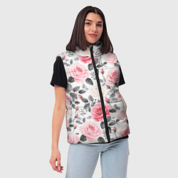 Женский жилет Розовые розы и серые листочки - паттерн, цвет: 3D-черный — фото 2