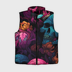 Женский жилет Яркие цветы с черепами, цвет: 3D-черный