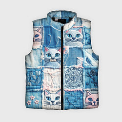 Женский жилет Кошки на пэчворк джинсах паттерн, цвет: 3D-черный