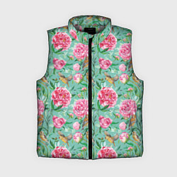 Женский жилет Пионы и зеленушка на зеленом