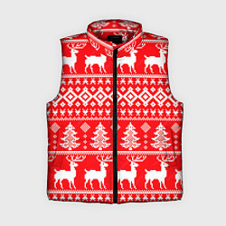 Женский жилет Новогодние мотивы елки и олени на красном