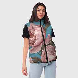 Женский жилет Розовые пионы на голубом, цвет: 3D-черный — фото 2