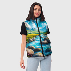 Женский жилет Пейзаж художественный горы речка камни, цвет: 3D-черный — фото 2