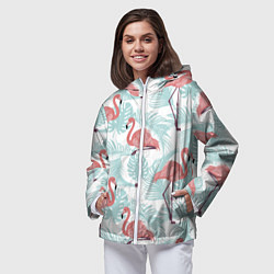 Ветровка с капюшоном женская Узор фламинго и тропических растений, цвет: 3D-белый — фото 2