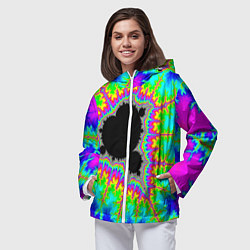 Ветровка с капюшоном женская Фрактальная кислотная черная дыра - множество Манд, цвет: 3D-белый — фото 2