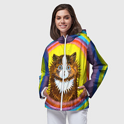 Ветровка с капюшоном женская Радужный кот Луиса Уэйна, цвет: 3D-белый — фото 2