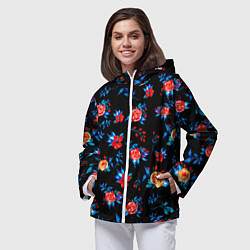 Ветровка с капюшоном женская Яркие розы на черном фоне, цвет: 3D-белый — фото 2