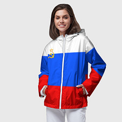 Ветровка с капюшоном женская Флаг России с серпом и молотом, цвет: 3D-белый — фото 2