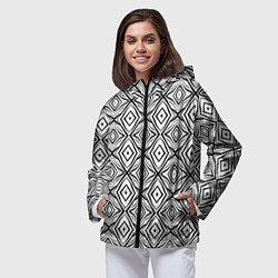Ветровка с капюшоном женская Черно-белый абстрактный узор ромбы, цвет: 3D-черный — фото 2