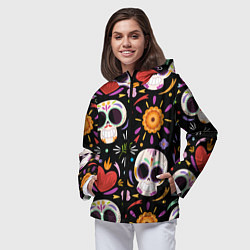 Ветровка с капюшоном женская Веселые черепа в цветах, цвет: 3D-черный — фото 2