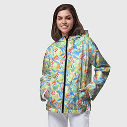 Ветровка с капюшоном женская Акварельный узор с зеленью и красными бутонами, цвет: 3D-черный — фото 2