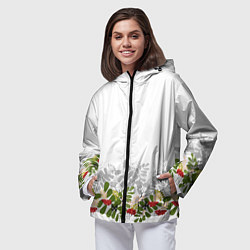 Ветровка с капюшоном женская Веточки красной рябины с бабочками, цвет: 3D-черный — фото 2