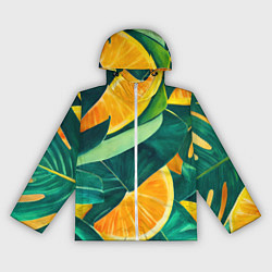 Ветровка с капюшоном женская Листья монстеры и дольки апельсинов, цвет: 3D-белый