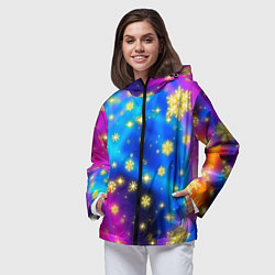 Ветровка с капюшоном женская Снежинки и звезды - яркие цвета, цвет: 3D-черный — фото 2