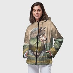 Ветровка с капюшоном женская Портрет волка в технике двойной экспозиции, цвет: 3D-черный — фото 2