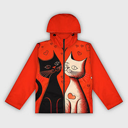Ветровка с капюшоном женская Влюблённые кошки на красном фоне, цвет: 3D-черный