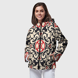 Ветровка с капюшоном женская Паттерн из чёрных и красных символов, цвет: 3D-черный — фото 2