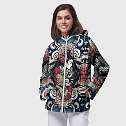 Ветровка с капюшоном женская Irezumi style: девушка и синие узоры, цвет: 3D-белый — фото 2