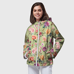 Ветровка с капюшоном женская Акварельные цветы - паттерн зеленый, цвет: 3D-белый — фото 2