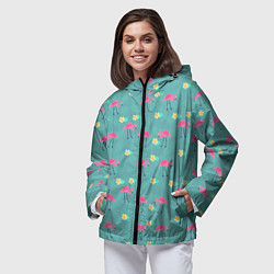 Ветровка с капюшоном женская Летний паттерн с фламинго, цвет: 3D-черный — фото 2