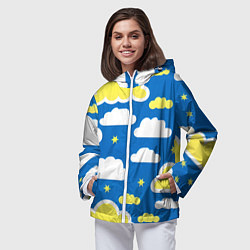 Ветровка с капюшоном женская Рисованные облака и звёзды, цвет: 3D-белый — фото 2