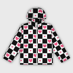 Женская ветровка Розовые сердечки на фоне шахматной черно-белой дос