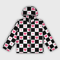 Женская ветровка Розовые сердечки на фоне шахматной черно-белой дос
