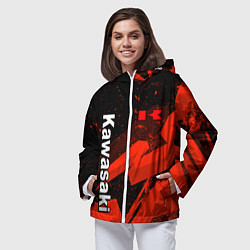 Ветровка с капюшоном женская Кавасаки - красные брызги, цвет: 3D-белый — фото 2