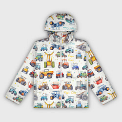 Ветровка с капюшоном женская Акварельные тракторы - детский паттерн, цвет: 3D-белый