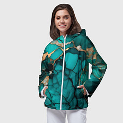 Ветровка с капюшоном женская Зеленый мрамор с золотыми прожилками, цвет: 3D-белый — фото 2