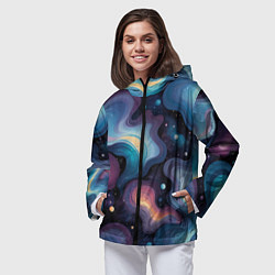 Ветровка с капюшоном женская Космические волны и звездная пыль, цвет: 3D-черный — фото 2